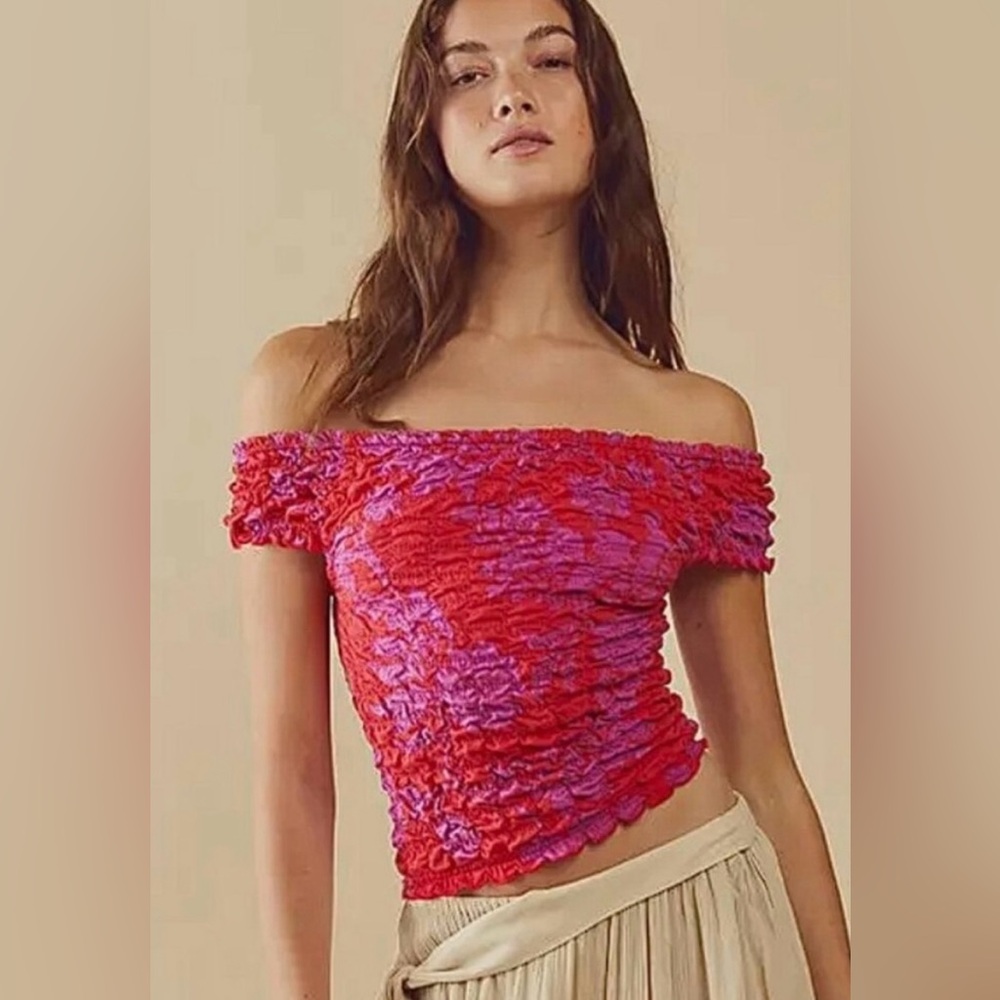 Free People Dominique Red Purple Smocked Off the Shoulder Crop Top XL Y2K Boho
